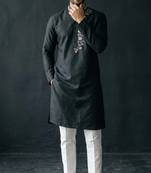 Black-white embroidered dupion silk kurta set