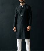 Black-white embroidered dupion silk kurta set