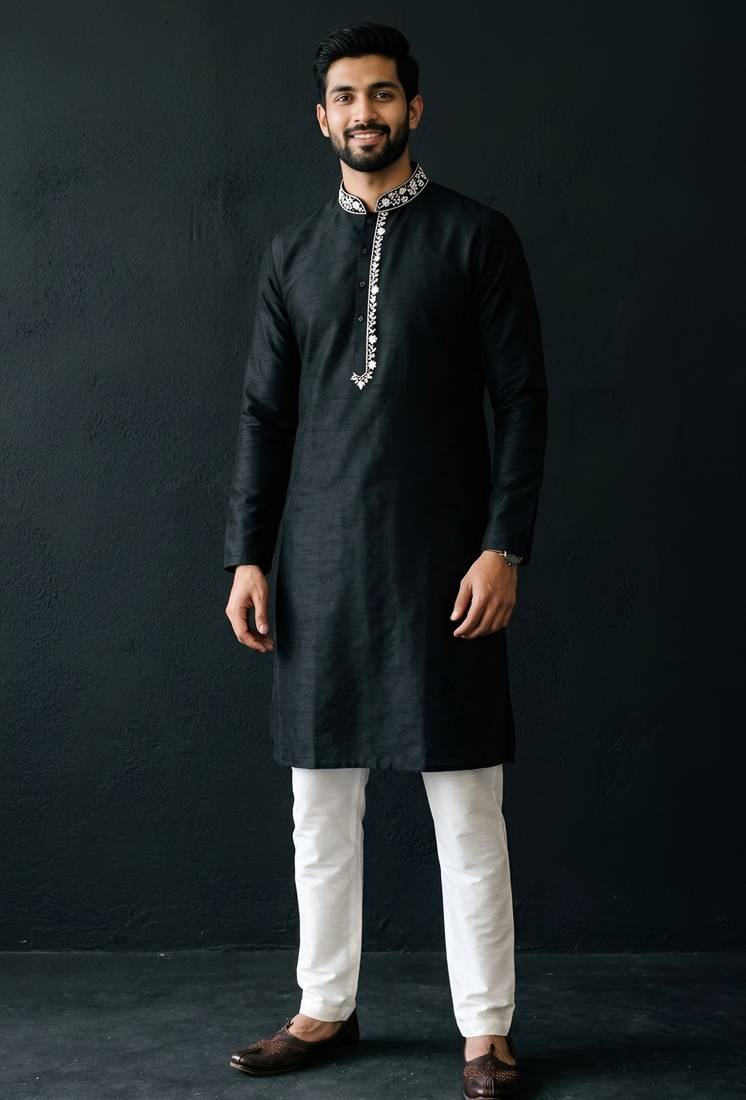 Black-white embroidered dupion silk kurta set