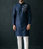Blue-white embroidered dupion silk kurta set