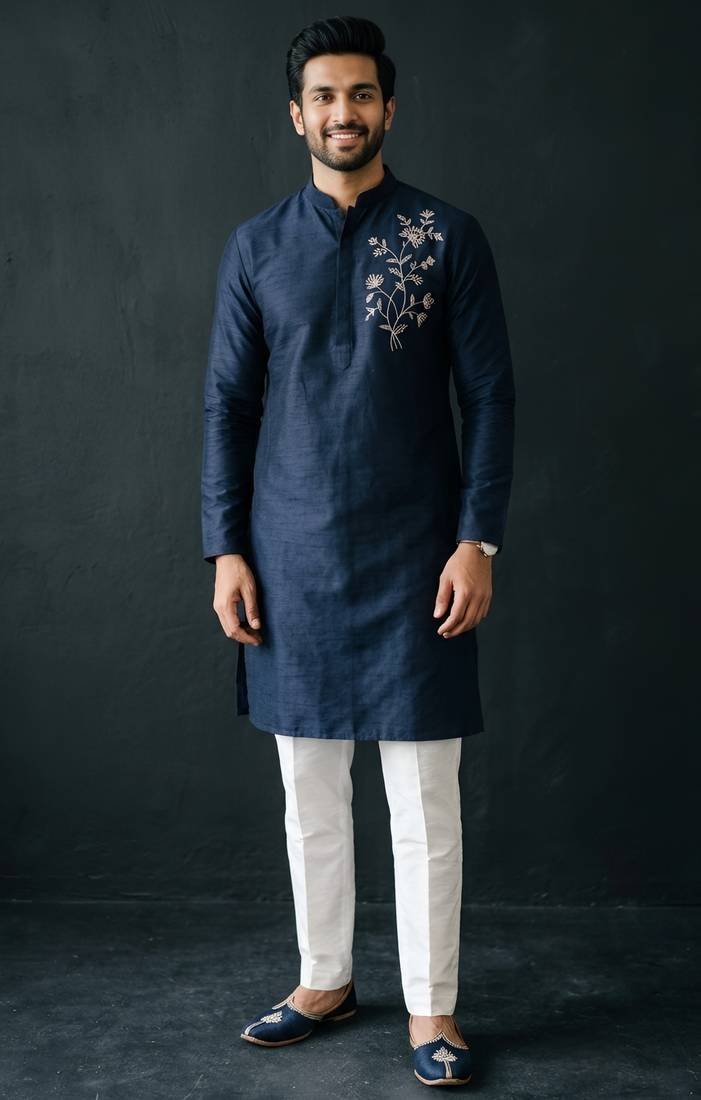Blue-white embroidered dupion silk kurta set