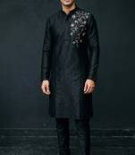 Black embroidered dupion silk kurta set