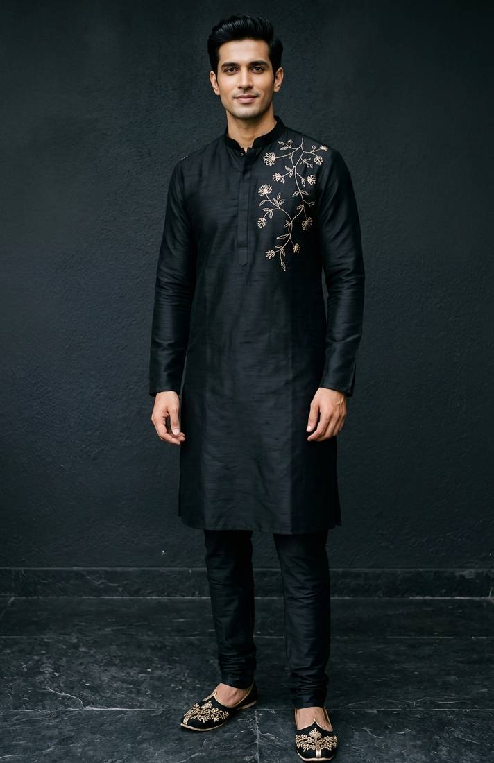 Black embroidered dupion silk kurta set