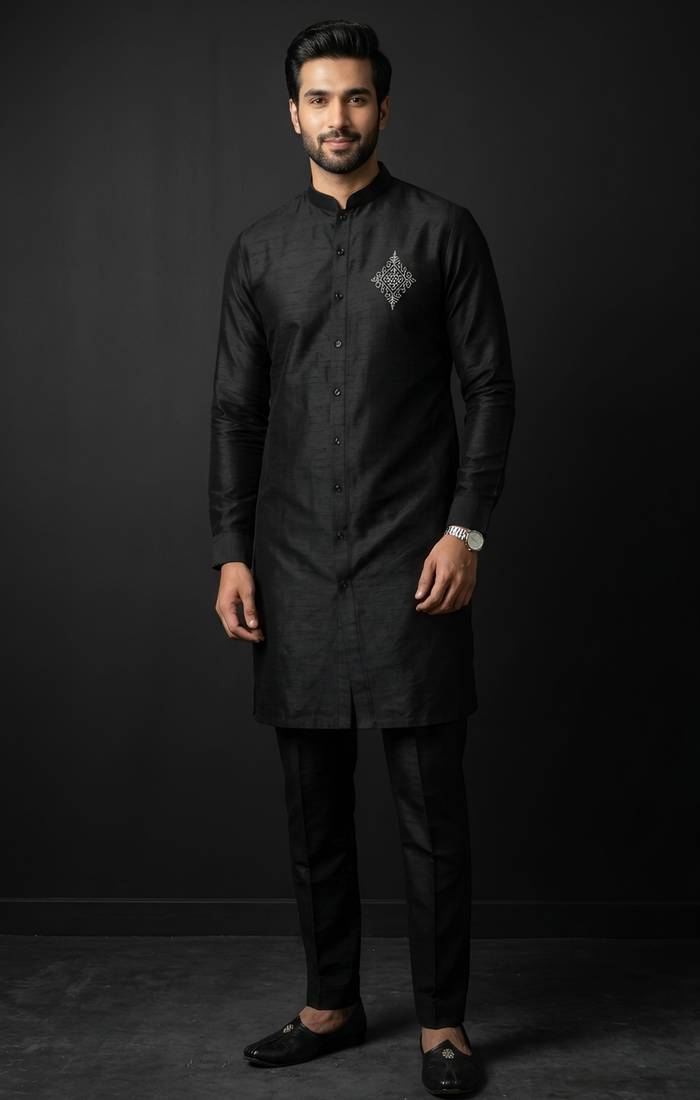 Black embroidered dupion silk kurta set