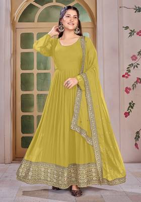 Mustard Yellow Embroidered Anarkali Gown with Gold Border & Matching Dupatta 1