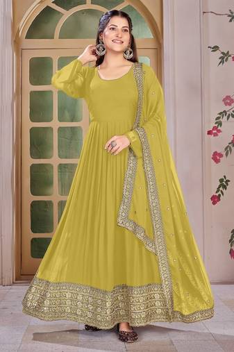 Mustard Yellow Embroidered Anarkali Gown with Gold Border & Matching Dupatta