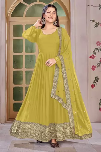 Mustard Yellow Embroidered Anarkali Gown with Gold Border & Matching Dupatta