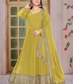 Mustard Yellow Embroidered Anarkali Gown with Gold Border & Matching Dupatta
