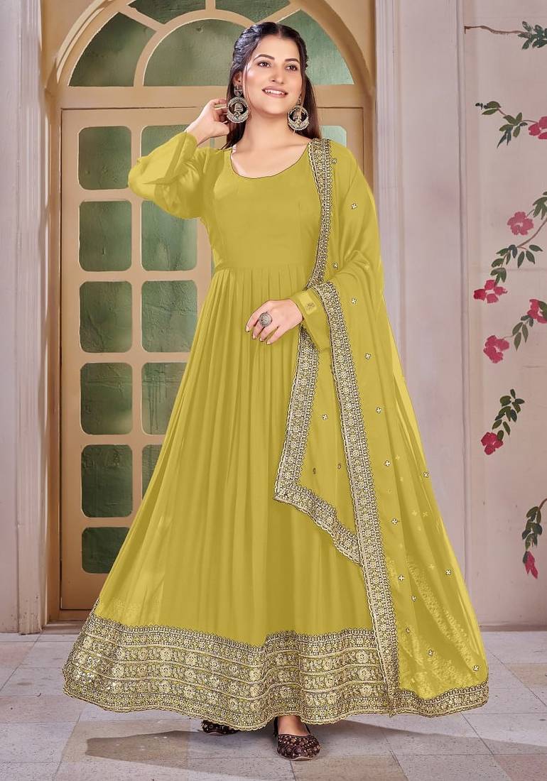 Mustard Yellow Embroidered Anarkali Gown with Gold Border & Matching Dupatta