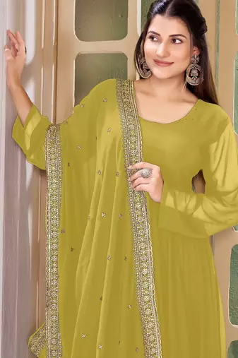 Mustard Yellow Embroidered Anarkali Gown with Gold Border & Matching Dupatta