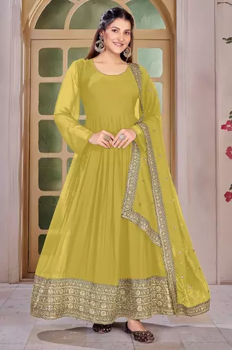 Mustard Yellow Embroidered Anarkali Gown with Gold Border & Matching Dupatta