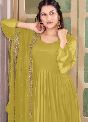 Mustard Yellow Embroidered Anarkali Gown with Gold Border & Matching Dupatta 4