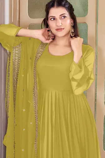 Mustard Yellow Embroidered Anarkali Gown with Gold Border & Matching Dupatta