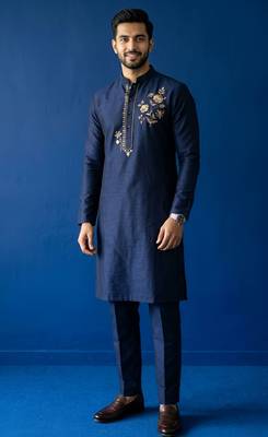 Blue embroidered dupion silk kurta set 1