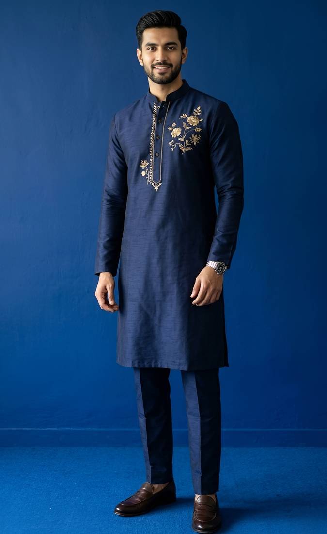 Blue embroidered dupion silk kurta set