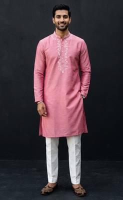 Pink embroidered dupion silk kurta set 1