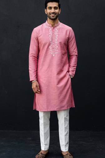 Pink embroidered dupion silk kurta set