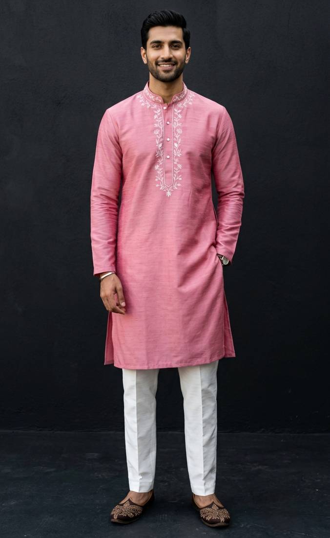 Pink embroidered dupion silk kurta set