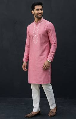 Pink embroidered dupion silk kurta set 2