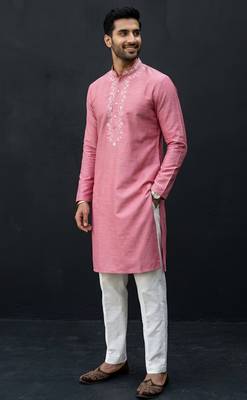 Pink embroidered dupion silk kurta set 3