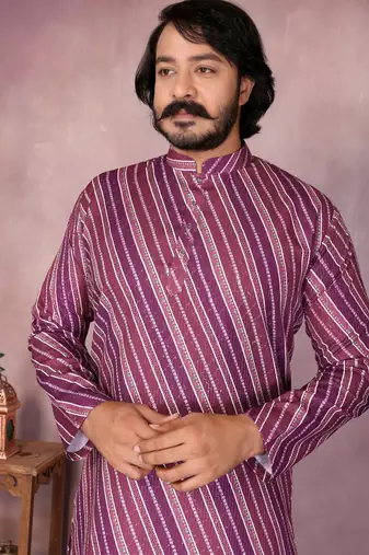 Purple printed cotton blend stright designer kurta with pyjama set