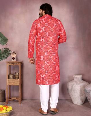 Red printed cotton blend stright designer kurta with pyjama set 5