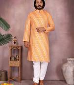 Orange printed cotton blend stright designer kurta with pyjama set