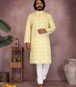 Yellow printed cotton blend stright designer kurta with pyjama set