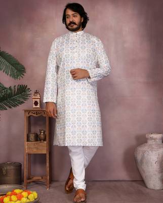 White printed cotton blend stright designer kurta with pyjama set 1
