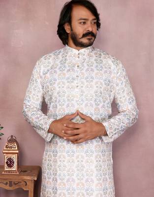 White printed cotton blend stright designer kurta with pyjama set 4