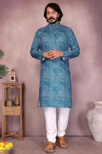 Blue printed cotton blend stright designer kurta with pyjama set