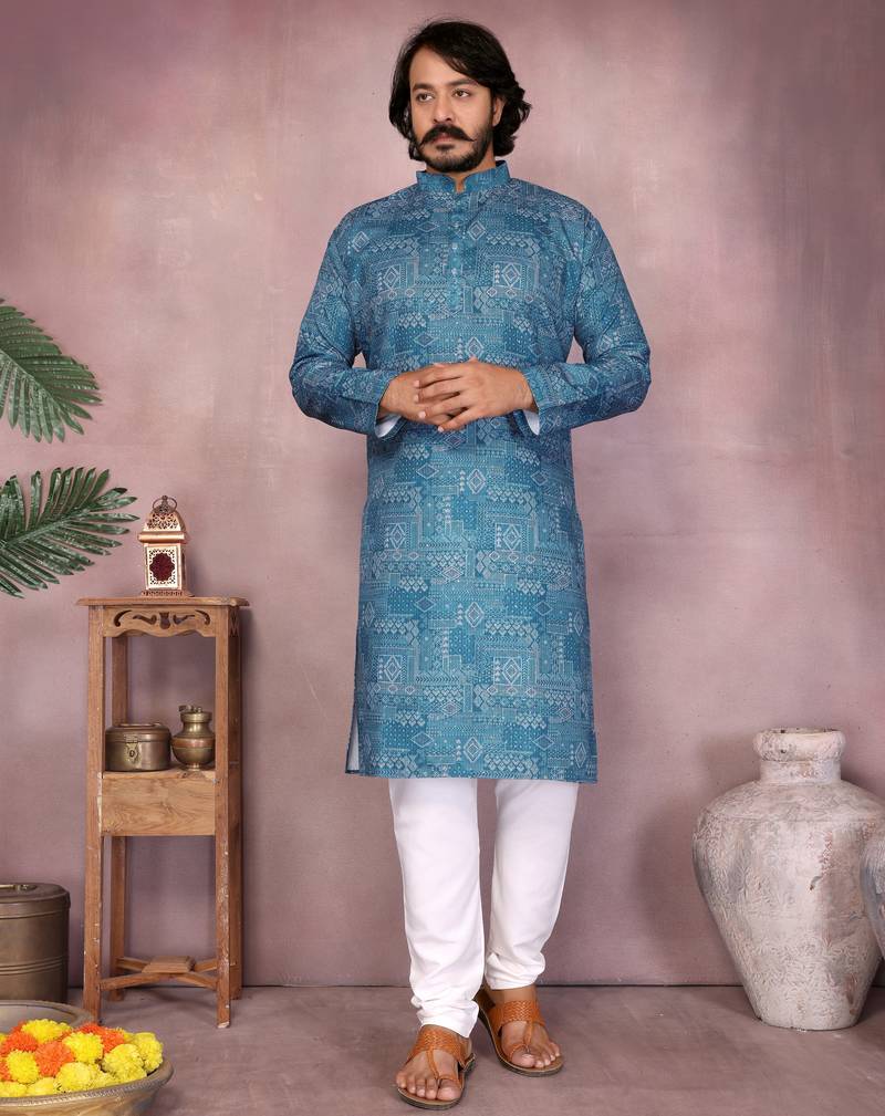 Blue printed cotton blend stright designer kurta with pyjama set