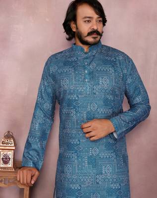 Blue printed cotton blend stright designer kurta with pyjama set 4