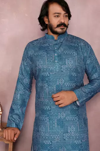 Blue printed cotton blend stright designer kurta with pyjama set