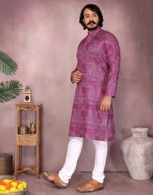 Wine printed cotton blend stright designer kurta with pyjama set 3
