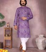 Purple printed cotton blend stright designer kurta with pyjama set