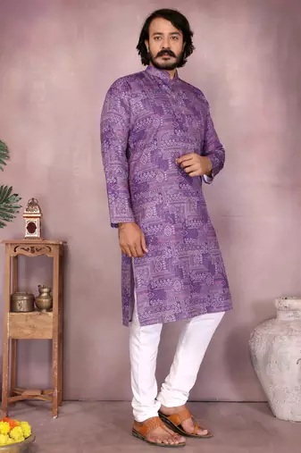 Purple printed cotton blend stright designer kurta with pyjama set