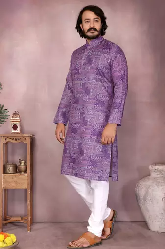 Purple printed cotton blend stright designer kurta with pyjama set