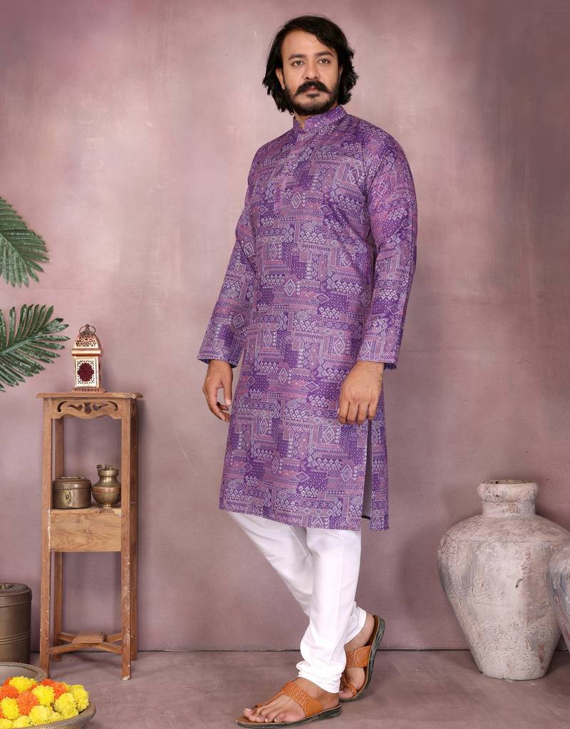 Purple printed cotton blend stright designer kurta with pyjama set