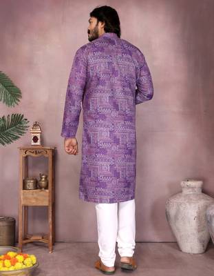 Purple printed cotton blend stright designer kurta with pyjama set 5