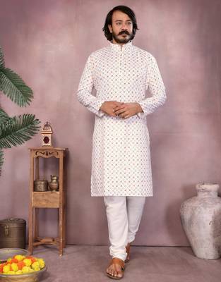 White printed cotton blend stright designer kurta with pyjama set 1