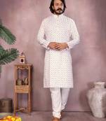 White printed cotton blend stright designer kurta with pyjama set