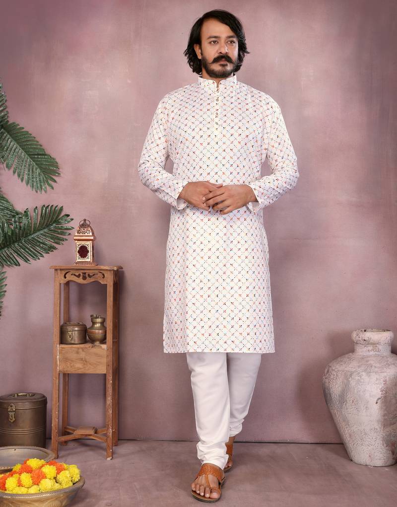 White printed cotton blend stright designer kurta with pyjama set