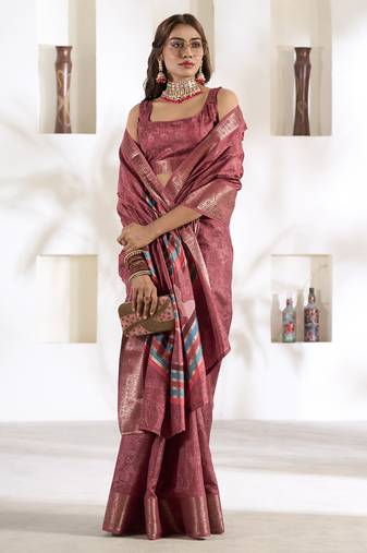 dusty rose soft dola silk blend with foil print saree