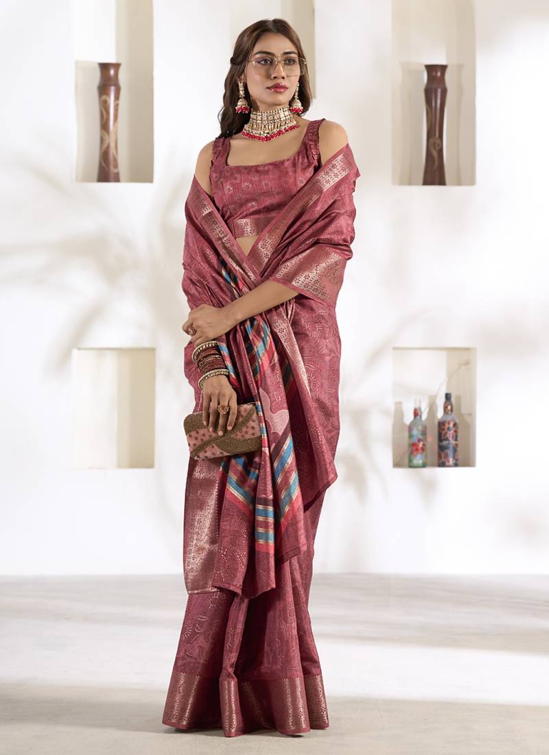 dusty rose soft dola silk blend with foil print saree