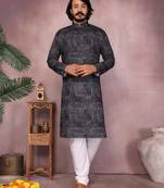 Black printed cotton blend stright designer kurta with pyjama set