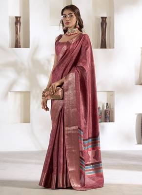 dusty rose soft dola silk blend with foil print saree 2