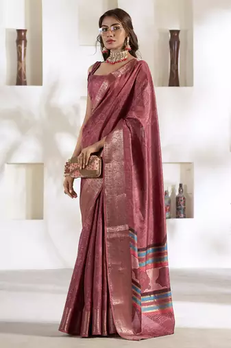 dusty rose soft dola silk blend with foil print saree