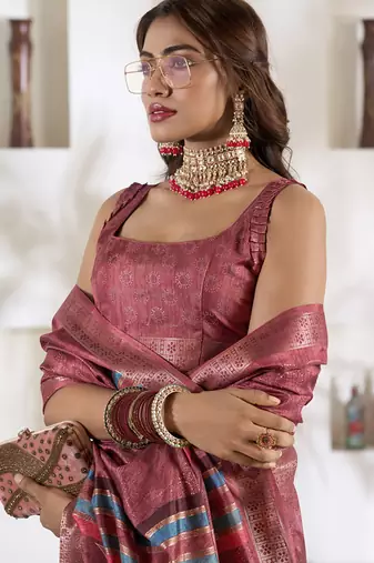dusty rose soft dola silk blend with foil print saree