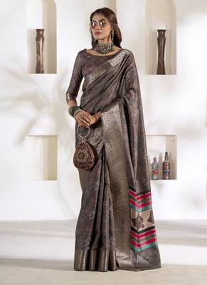 brown soft dola silk blend with foil print saree 1